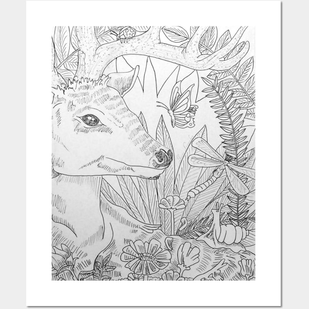 Deer in Forest Drawing Wall Art by ARTWORKandBEYOND